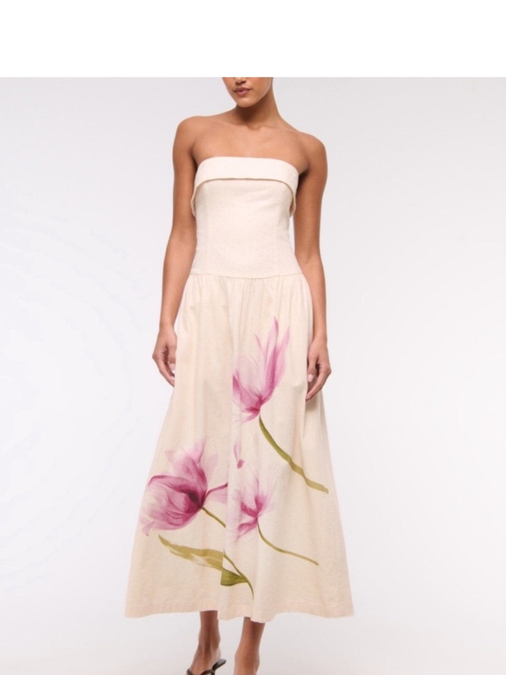 Abercrombie & Fitch Cream Strapless Midi Dress with Pink Floral Print